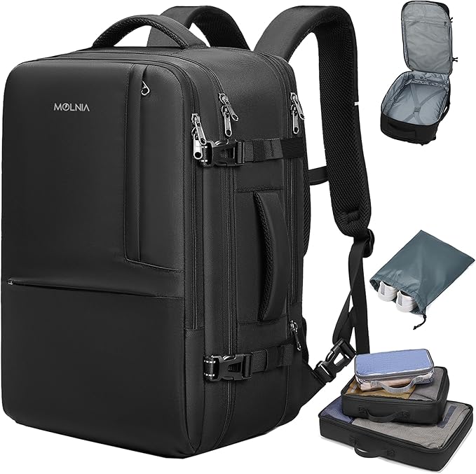 MOLNIA 50L Expandable Travel Backpack for Men Women, Carry On Backpack Airline Approved, Suitcase Backpack with Packing Cubes, Water Resistant Luggage Backpack Daypack Weekender Bag, Black by MOLNIALIFE