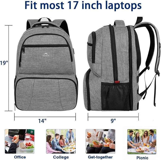 MATEIN Lunch Backpack, 17 inch Insulated Cooler Backpack for Women Men, Water Resistant Lunch Box Backpack with Laptop Compartment for Work Picnic Travel Beach, Grey - Image 6