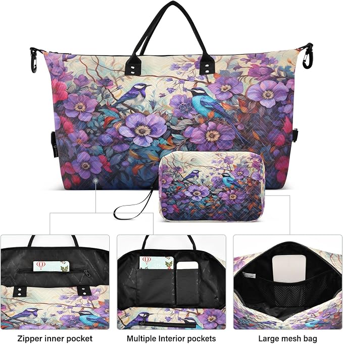 Birds under The Purple Flower Travel Duffle Bag Gym Yoga Carry on Bags for Men Women Weekender Bag - Image 2