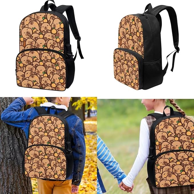 3Pcs Capybara Print Backpacks Set for school, Kids Bookbag Students Knapsack with Insulated Lunch Box Pencil Case for Teens Girls - Image 2