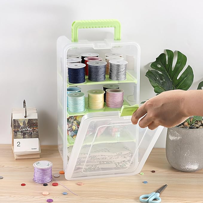 BTSKY Clear Plastic Dividing Storage Box with 4 Deep Compartments Adjustable Storage Bin with Lid Portable Craft Container Multipurpose Sewing Box Art Supply Organizer, 13.9x7.9x6.2 Inches, Green - Image 2