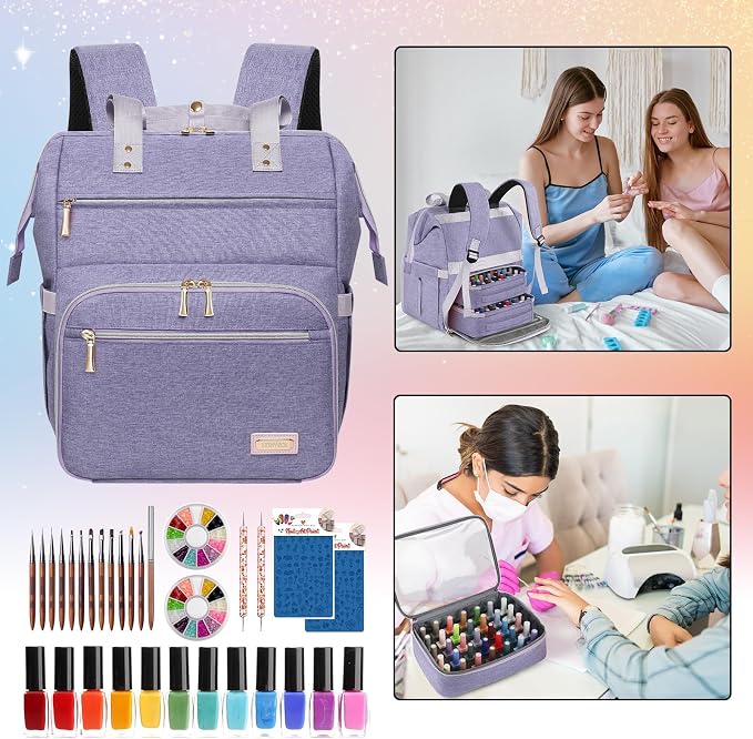 Nail Polish Organizer Case Backpack Holds 70 Bottles (15ml/0.5fl.oz) & Nail Lamp, 2 Layers Detachable Nail Kit Storage Case, Large Travel Nail Supplies Shoulder Bag for Manicure Tools (Purple) - Image 7