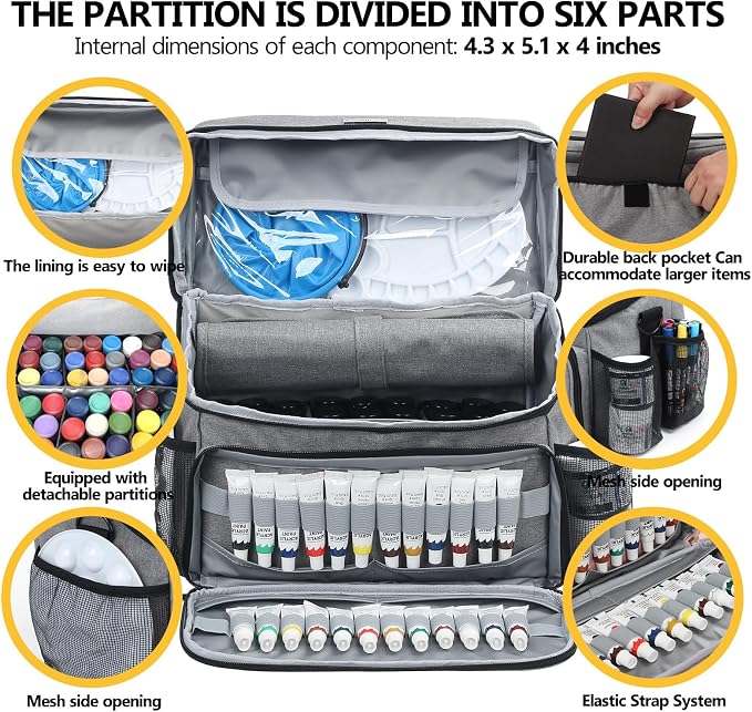 Acrylic Paint and Brush Set Organizer Bag - Carrying Case Compatible with Apple Barrel, Shuttle Art, Caliart Art Supplies - Includes Detachable Paint Brush Holder - for Home/Travel/Outdoor (Pro Gray) - Image 3