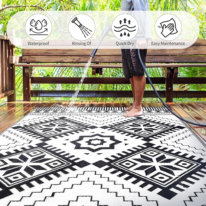 Waterproof Outdoor Rug 9x12ft, Boho Reversible Plastic Straw Mat for Patio RV Deck Porch Backyard Balcony Camping Picnic Beach Indoor Outdoor Carpet, Black&White - Image 3