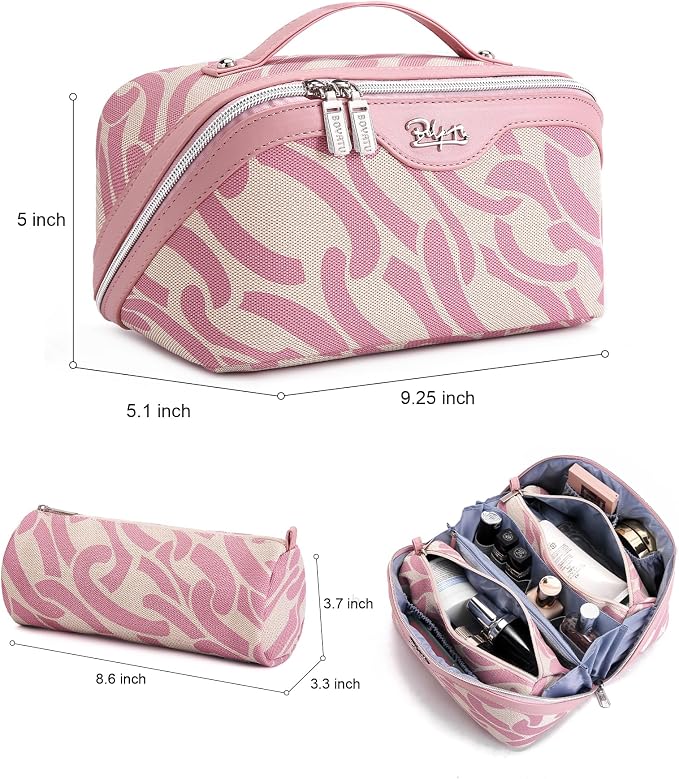 BOYATU Travel Makeup Bag for Women: Large Capacity 3-Piece Cosmetic & Toiletry Organizer - Expands Storage by 50% with 2 Detachable Pouches,Opens Flat for Easy Packing,Waterproof PU Leather(Pink) - Image 5