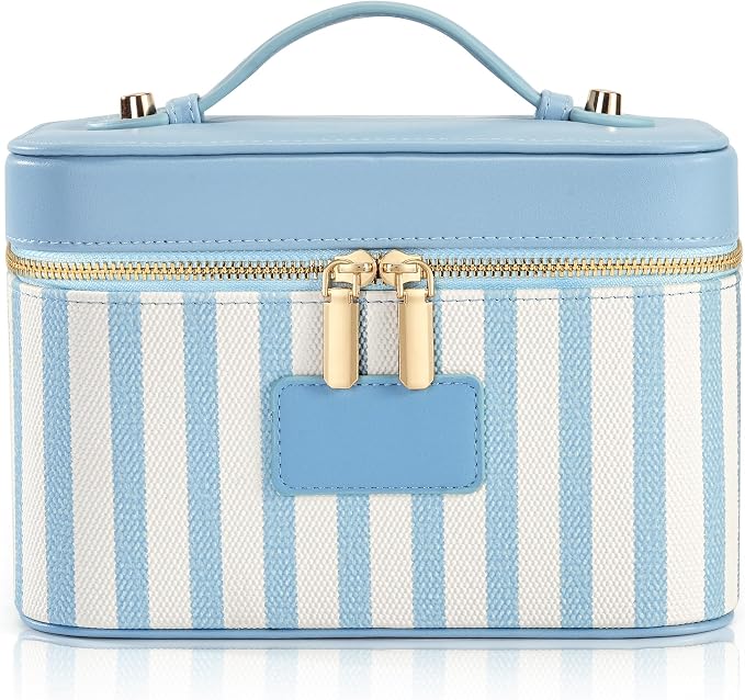 Makeup Bag Travel Toiletry Leather Cosmetic Case, Waterproof Makeup Organizer with Brush Holder, Wipe Clean Removable Divider Vanity Train Bag for Women, Misty Blue by Unknown