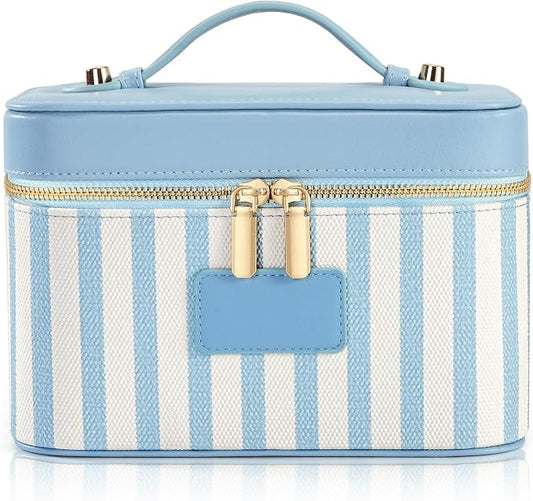 Makeup Bag Travel Toiletry Leather Cosmetic Case, Waterproof Makeup Organizer with Brush Holder, Wipe Clean Removable Divider Vanity Train Bag for Women, Misty Blue by Unknown