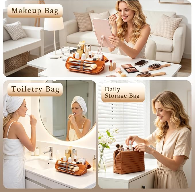 Minoisome Travel Makeup Bag,PU leather toiletry bag,make up organizer case for women,Large Capacity Cosmetic Bag,Wide-open Pouch Purse，Toiletries Accessories，Fold-Down Design and Adjustable Dividers. - Image 8
