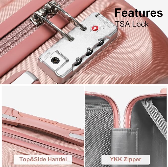 Somago Luggage Sets 20in Carry on Suitcase with TSA Lock YKK Zipper Spinner Wheels ABS Hardside Luggage 3 Piece Weekender Bags Travel Set,Rose Gold - Image 7