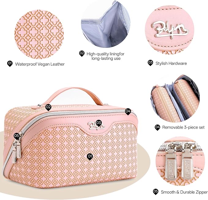 BOYATU Travel Makeup Bag for Women: Four Leaf Clover Large Capacity 3 Pcs Set Cosmetic Bags - Waterproof 50% Extra Space for Toiletry Organizer - Travel Essentials for Fortunate (03 Pink) - Image 3
