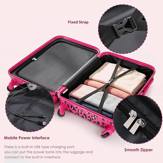 Hardside Luggage Sets, Lightweight Stripes Suitcase with Spinner Wheels, Fuchsia Leopard Print - Image 2