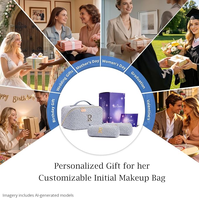 Personalized Gift Travel Makeup Bag: Initial Makeup Organizer Bag for Women | 3-in-1 Custom Make up Bag Set - Vegan Leather Travel Cosmetic Bag - Luxury Gift for Women – Birthday, Anniversary, Graduation - Image 7