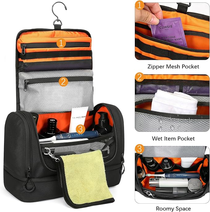 TANGCORLE Toiletry Bag for Men, Handing Travel Toiletry Organizer Protable Water Ressistant Bathroom Shaving Bags for Toiletry Accessories, Travel Essentials (black with orange) - Image 3