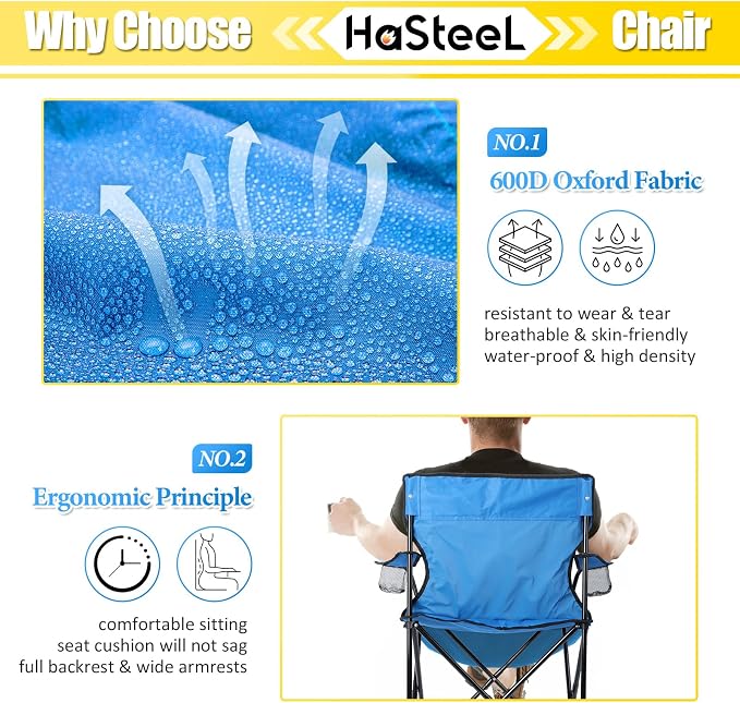 HaSteeL Folding Camping Chair & Carrying Bag, Foldable Camp Chair with Cup Holders for Adults, Portable for Lawn, Outdoors, Fishing, Hiking, Travel, Picnic, Beach, Oversized & Supports 275lbs (Blue) - Image 4