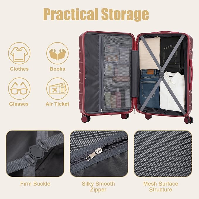 GDFStudio 28" ABS Hardshell Checked Luggage, Large Capacity Travel Suitcase with Scratch Resistant Surface, 360° Silent Spinner Wheels, Combination Lock, Telescopic Handle and Side Hooks, Wine Red - Image 4