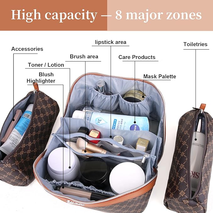 BOYATU Travel Makeup Bag Cosmetic Bags for Women: 3 Pcs Set Large Portable Make up Bag with Handle - Vegan Leather Toiletry Bags with Compartments - Makeup Organizer for Travel Essentials(A-1-Coffee) - Image 5