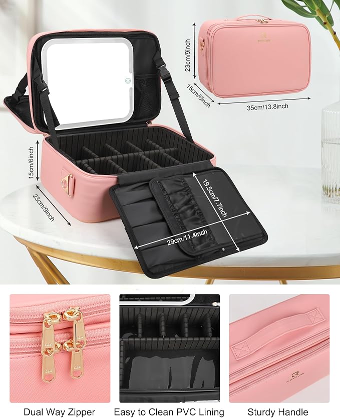 Chomeiu Makeup Bag with LED Mirror, Large Travel Cosmetic Train Case for Women, Makeup Artists Large Organizer Box with Vanity Light Up Mirror, 3 Color Lights, Adjustable Dividers (Pink) - Image 7