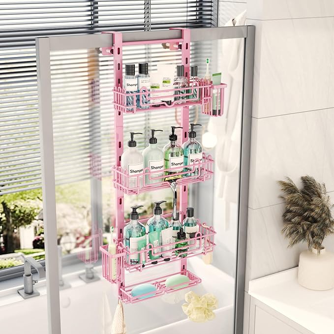 HapiRm Hanging Shower Caddy Organizer - Shower Shelf with 22 Hooks and 2 Toothbrush Holders, No Drilling Adjustable Hanging Bathroom Organizer - Pink - Image 8