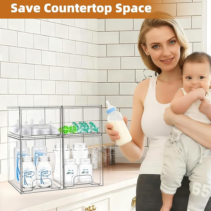 Baby Bottle Organizer, Stackable Storage Drawers with Label, Clear Station Organizers Container for Pacifiers, Pump Parts, Desk Organizer Bins for Bathroom, Cabinet, Pantry, Vanity, Countertop, 4 Pack - Image 2