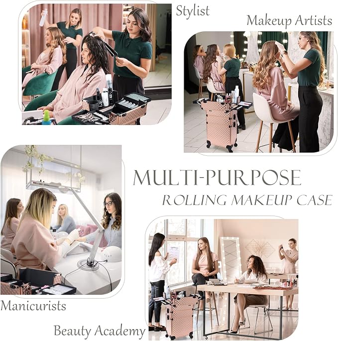 3 in 1 Professional Rolling Makeup Train Case Aluminum Trolley Case with 360° Rotation Wheels for Makuep Artist Cosmetic Suitcase Organizer with Lock and Key Diamond Pattern - Rose Gold - Image 3