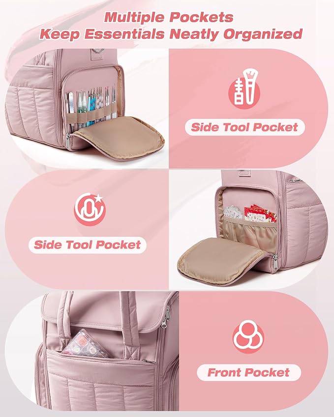 Marscamd Nail Polish Organizer Bag Holds 70 Bottles and Nail Lamp, Nail Polish Storage Case with 2 Removable Bags and Multiple Pockets, Pink - Image 4