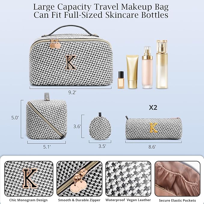 Personalized Gift Travel Makeup Bag: Initial Makeup Organizer Bag for Women | 3-in-1 Custom Make up Bag Set - Vegan Leather Travel Cosmetic Bag - Luxury Gift for Women – Birthday, Anniversary, Graduation - Image 6
