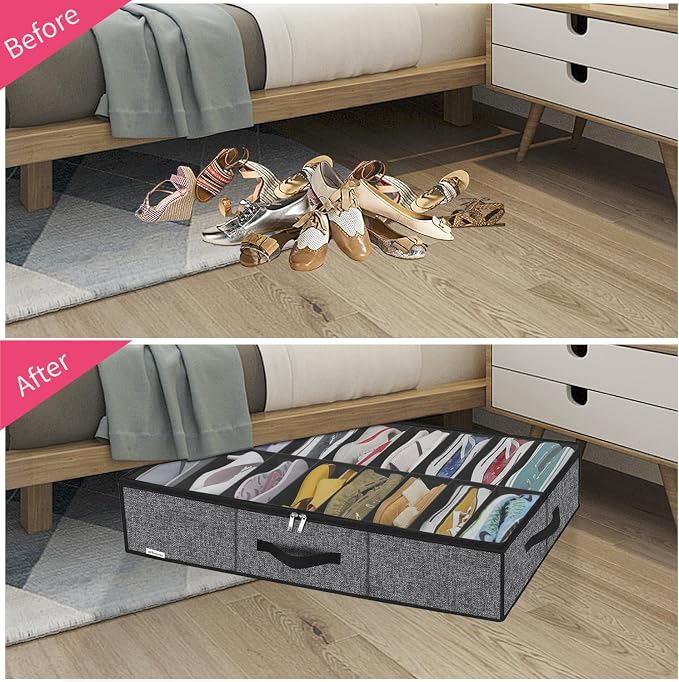 Onlyeasy Sturdy Under Bed Shoe Storage Organizer with Handles and Clear Window Fit 16 to 32 Pairs, Premium Foldable Shoes Container Box for Closet, 37.7x 23.6x 5.9 inch, Cotton-like Black, MXBUBS16P2 - Image 3