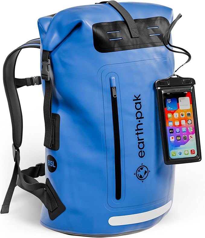 Earth Pak Waterproof Backpack - Heavy Duty Roll-Top Closure with Easy Access Front-Zippered Pocket and Cushioned Padded Back Panel for Comfort with IPX8 Waterproof Phone Case, Blue, 85L, Messenger Bag by earthpak
