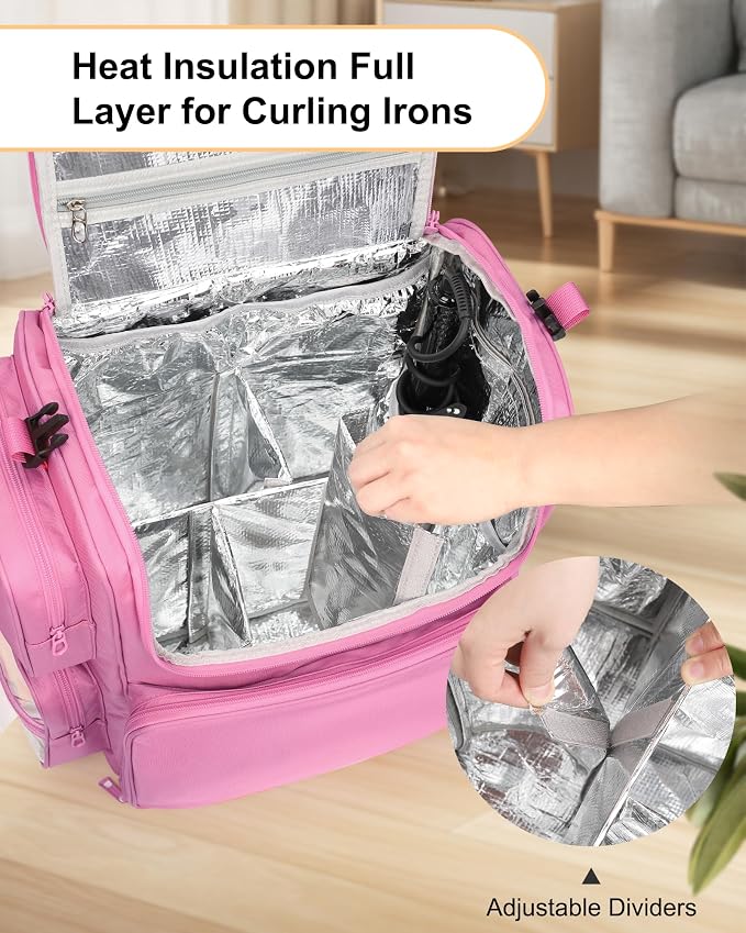 Relavel Hair Tools Travel Bag Hair Stylist Backpack Hairdresser Cosmetology Bag, Heat Insulation Full Layer for Curling Iron, Hair Straightener, Travel Accessories Case Barber Organizer (Rose Pink) - Image 2