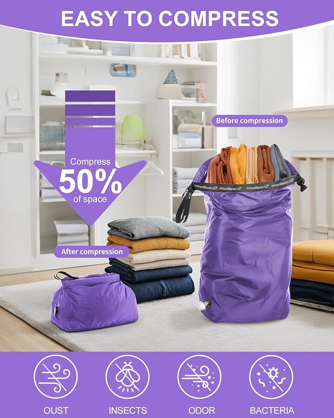 Travel Laundry Bag, Pump-free Vacuum Compression Dirty Clothes Bag, Medium Reusable Waterproof & Washable Laundry Bag, Wet and Dry Bag, Ideal for Suitcases, Laundromats (1 Pack) Purple - Image 3