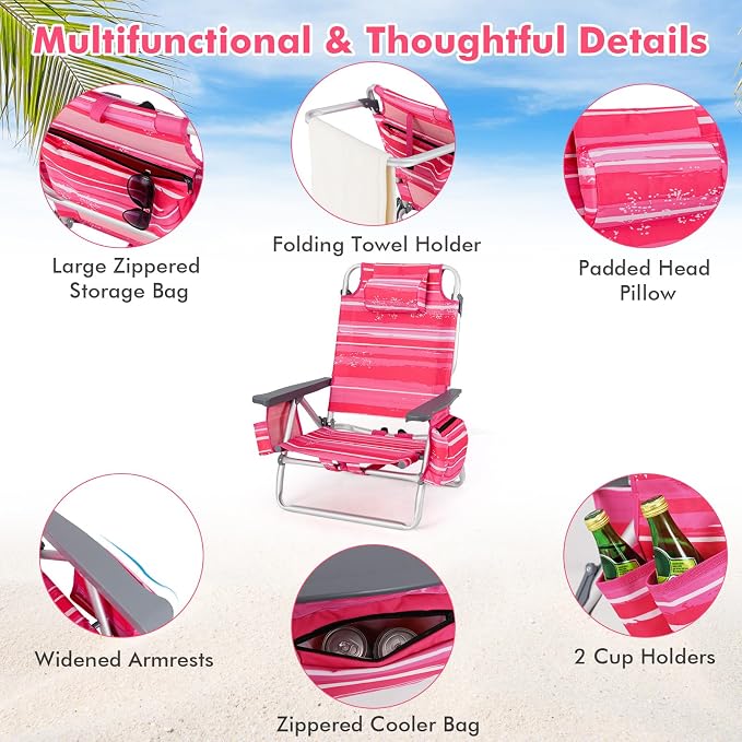 Giantex Folding Beach Chair, Patio Sling Chairs with 5 Adjustable Position, Head Pillow, Storage Bag, Towel Bar, Cup Holders, Backpack Chairs for Sunbathing, Camping Chair - Image 4