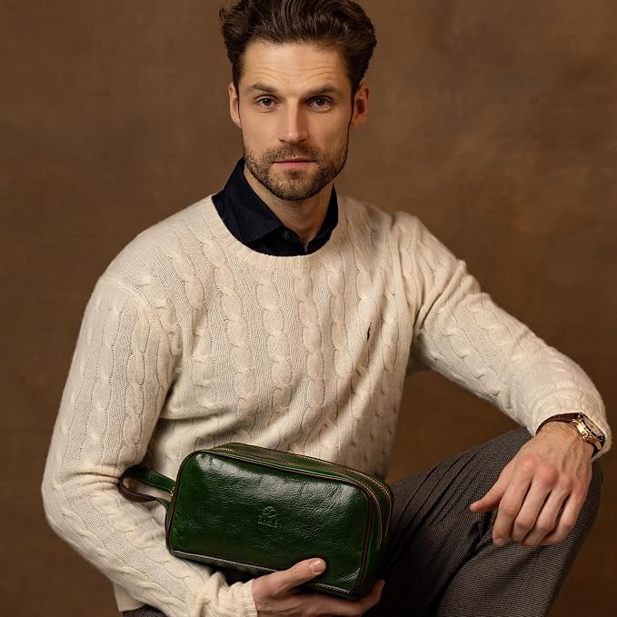 Time Resistance Leather Cosmetic Bag - Italian Toiletry Dopp Kit (Green) - Image 2