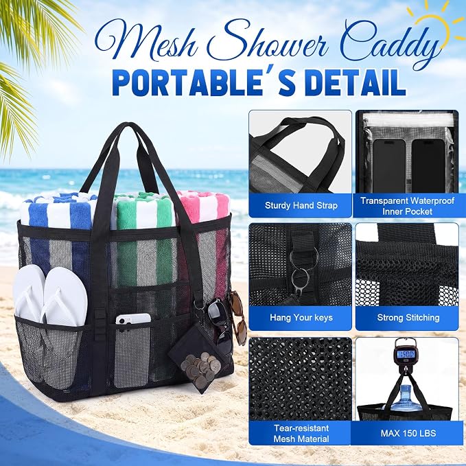 Hillban Large Mesh Beach Bag Bulk for Women Waterproof Sandproof Pool Tote Bag with 8 Pocket Small Zipper Pouch with Ring - Image 3