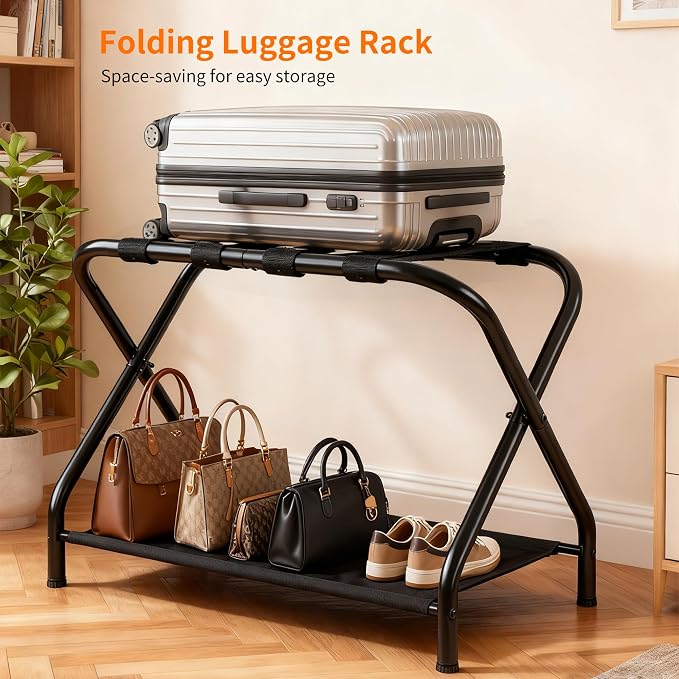 Heybly Luggage Rack for Guest Room, Pack of 2, Steel Folding Suitcase Stand with Storage Shelf for Bedroom, Hotel, Foldable Steel Frame, Guest Room 26.2" L x 14.4" W x 20.5" H, Black HLR004B2 - Image 6