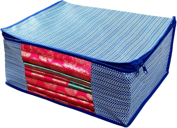 ANKIT INTERNATIONAL Saree Cover Storage Bags Pack of 1 – Non Woven Foldable Clothes Storage Organizer with Zipper & Clear Window, Wardrobe Garment Storage for Sarees, Dresses (Blue) - Image 4