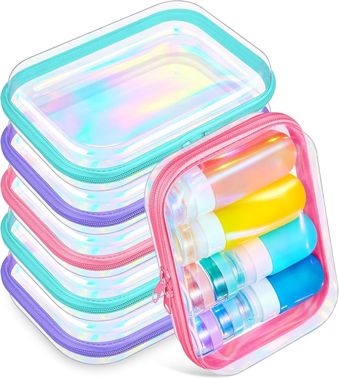 Sanwuta 6 Pcs Clear Hard Zipper Case Plastic Zipper Pouches Transparent Makeup Bag Pencil Case Pouches Toiletry Diaper Bag for Travel Toy Storage Organizer Bins(Holographic,7.09 x 5.12 x 2 Inch) by Sanwuta
