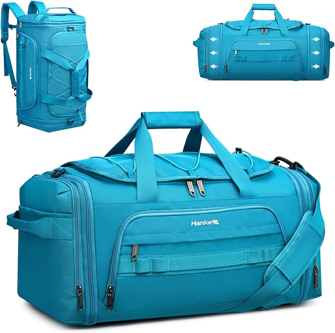 Hanke Duffle Bag for Travel, Dual Expandable 45L-55L Carry On Duffel, 3 In 1 Weekender Tote, Water Resistant Overnight Bag with 15.6" Compartment for Men Women, Caribbean Blue by Hanke