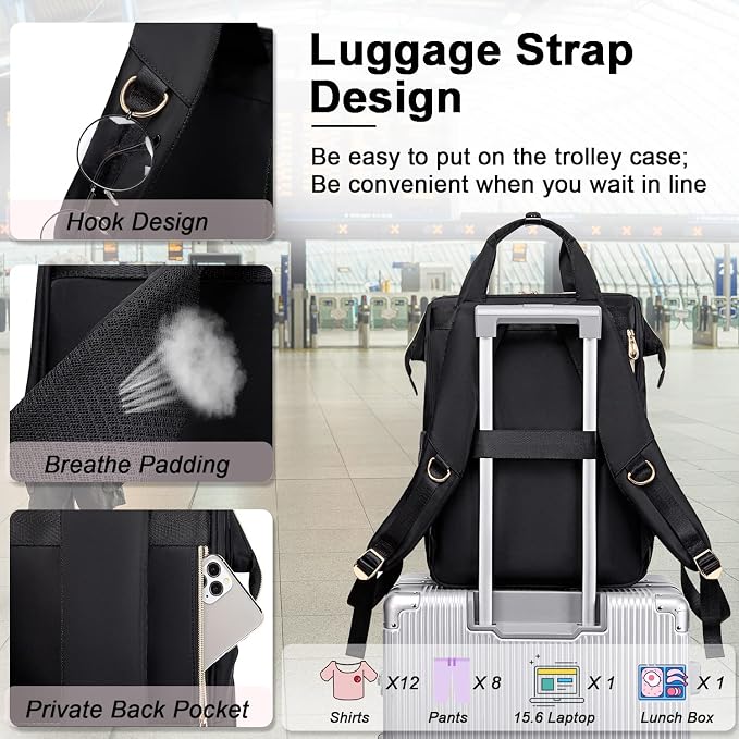 Weitars Lunch Backpack For Women,15.6 Inch Laptop Backpacks For Womens Back pack, Travel Backpacks,Work Backpack For Women (Black) - Image 5
