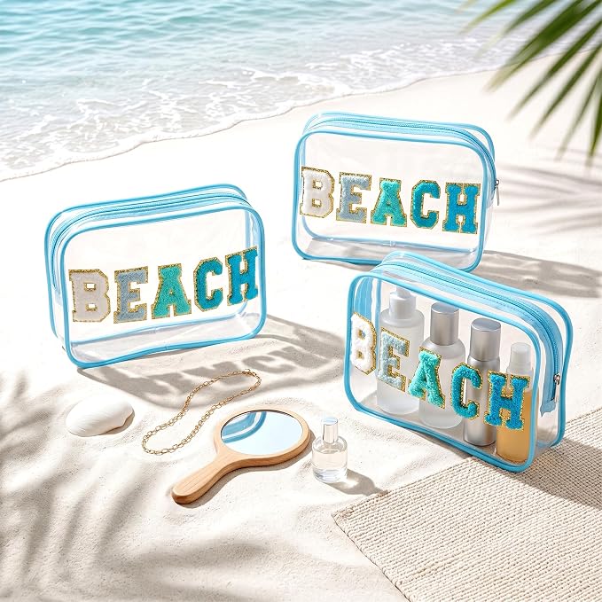 Kacctyen 12 Pack Clear Beach Makeup Bag with Chenille Letter Patch Travel Toiletry Bags Waterproof PVC Cosmetic Organizer for Women Girls Pool Beach Vacation Summer Essential Gifts, Teal Blue - Image 4