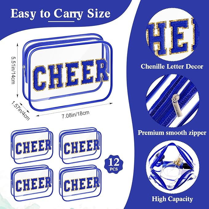 Kacctyen 12 Pack Cheer Clear Makeup Bags Bulk with Chenille Cheer Letter Patch Small Waterproof Cosmetic Pouch Zipper Travel Toiletry Bag Organizer for Women Girls Cheerleading Team Gift, Blue - Image 3