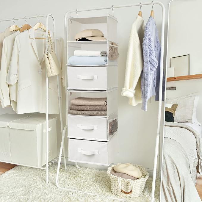 GRANNY SAYS 6-Shelf Hanging Organizer for Closet, Separable to 2 Pack 3-Shelf Hanging Shelves, Organization and Storage with 3 Different Drawers, 4 Side Pockets, White, 1-Pack - Image 7