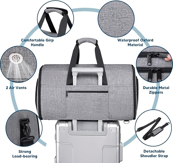 Vessgra Garment Bags for Travel,Convertible Garment Bag with Shoulder Strap, 4 in 1 Suit Bag Travel with Shoes Foldable 58L Garment Bags for Men Women Garment Duffel Bags for Hanging Clothes,Grey - Image 7