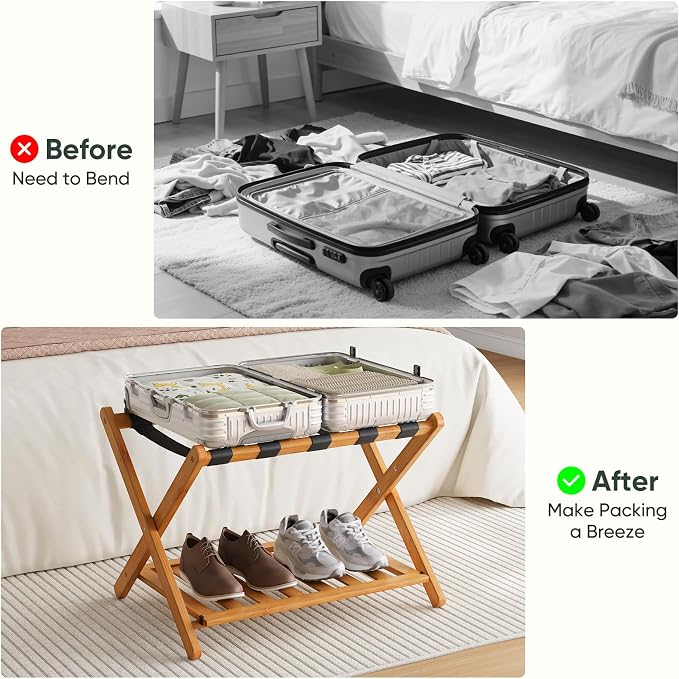 Smart FENDEE Pack of 2 Fully Assembled Bamboo Luggage Racks with Shoe Shelf, 5 Heavy-Duty Straps Folding Suitcase Stand, Luggage Holders for Guest Room Must Haves, Ideal for Bedroom, Hotel, Honey Oak - Image 4