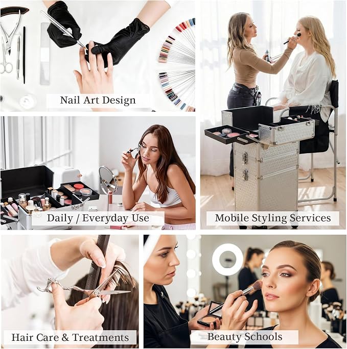 4 in 1 Makeup Train Case - Professional Cosmetology Case on Wheels, Large Transformable Makeup Train Case & Barber Case, Portable rolling makeup case & Makeup Cart, Silver - Image 4