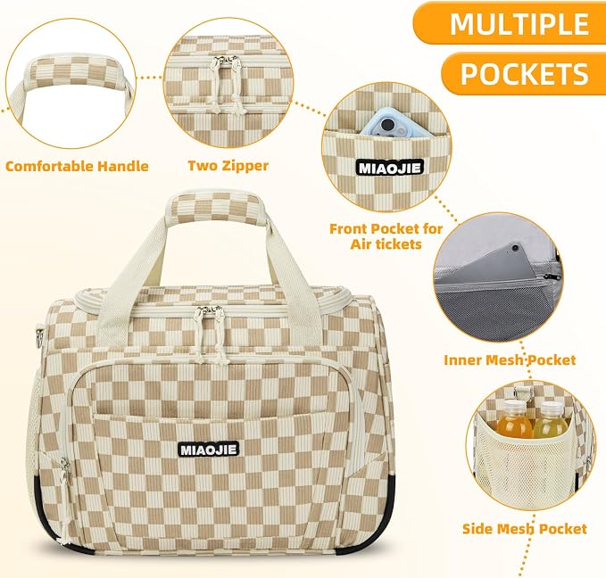 Underseat Carry On Luggage Lightweight Travel Tote Weekender Bag Overnight Duffle Bag for Travel, Travel Essentials Personal Item Travel Bag for Women, Corduroy Khaki Grid-16Inch - Image 5