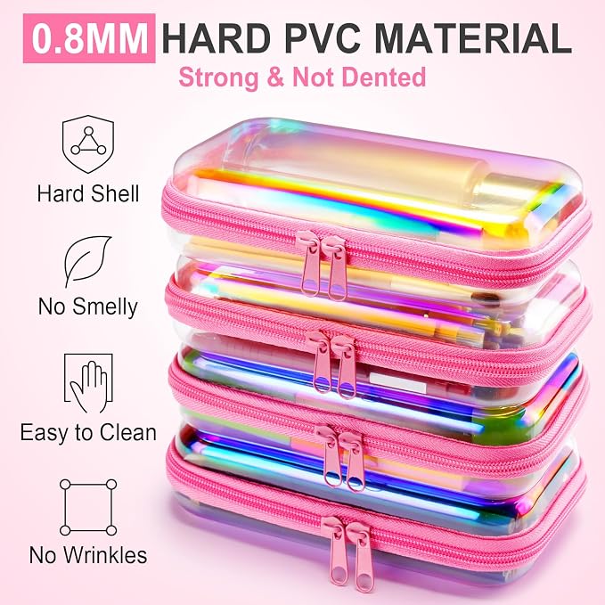 Hoolerry 4 Pcs Hard Clear Zipper Case Makeup Bags Plastic Zipper Pouch Transparent Storage Box Containers for Cosmetics, Snacks, Building Blocks, Puzzles(Clear,7.5 x 3.9 x 2 in,Pink Laser) - Image 4