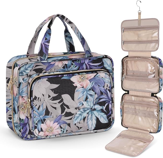 Wedama Toiletry Bag for Women, Large Cosmetic Travel Bag, Hanging Toiletry Bag for Bathroom, PVC Waterproof Makeup Bag, Toiletries Bag for Travel Business Trips and Camping, Black+Brown Floral by Wedama