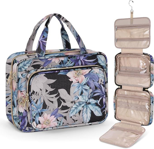 Wedama Toiletry Bag for Women, Large Cosmetic Travel Bag, Hanging Toiletry Bag for Bathroom, PVC Waterproof Makeup Bag, Toiletries Bag for Travel Business Trips and Camping, Black+Brown Floral by Wedama