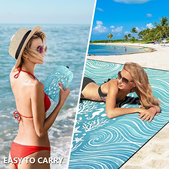 HIHOHO Beach Blanket Waterproof Sandproof Beach Mat 79”x 83” for 1-8 Adults Quick Drying Durable Outdoor Picnic Mat for Beach Festival Travel Camping Hiking (Wave Turtle-BL, 79"×83"(4 Person)) - Image 5