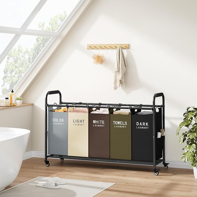 Tajsoon 5 Bag Laundry Sorter Cart, Laundry Hamper Sorter Basket with Heavy Duty Lockable Rolling Wheels for Clothes Storage, 5 Colors - Image 6